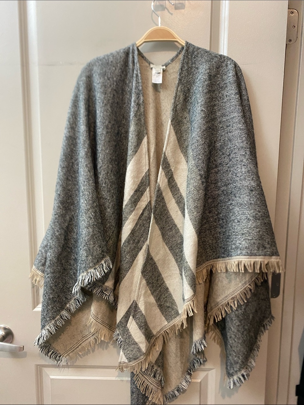 Talbots Gray, Black and Cream Fringed Cape Wrap